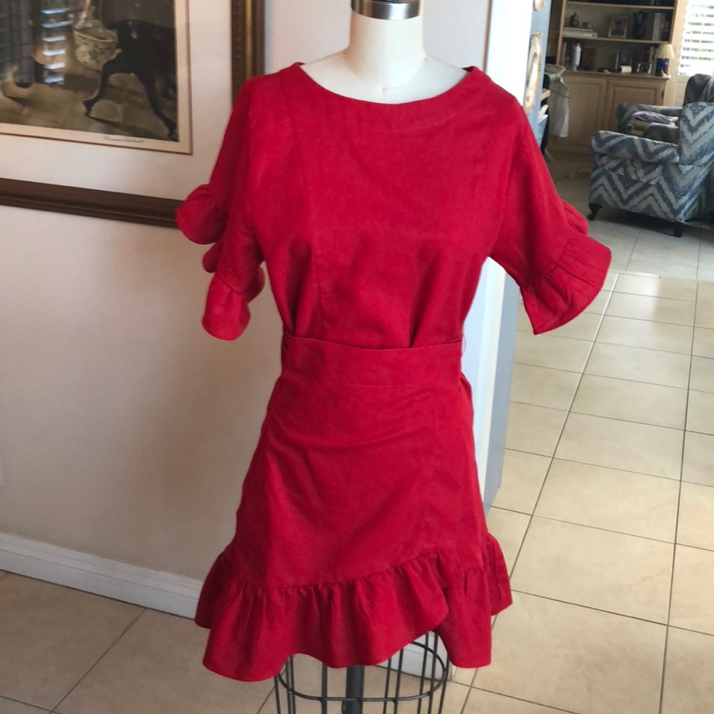 Socialite Red Dress w. ruffles & back Tie Sz XS